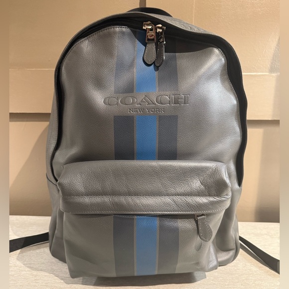 LIKE NEW‼️Coach “Charles” Backpack in Gray Leather with Blue Varsity Stripes